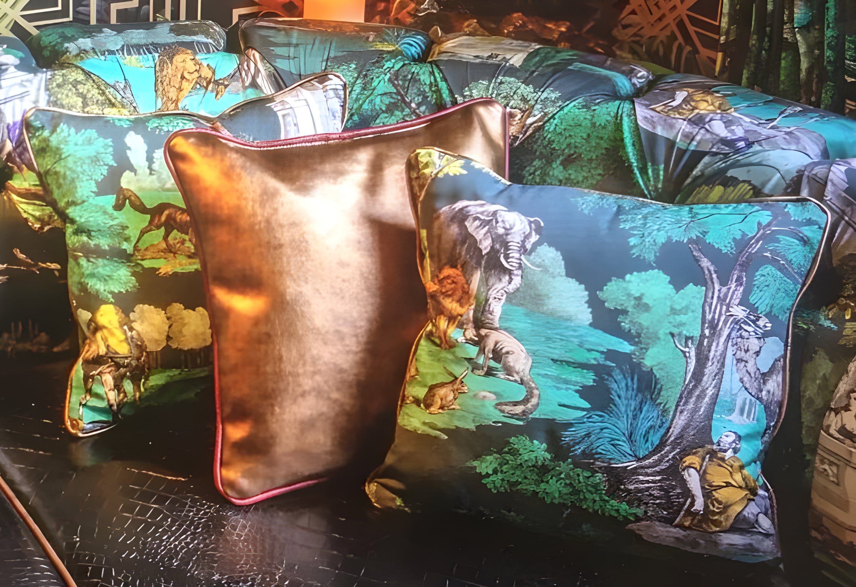 Scatter cushions in a teal jungle-scene velvet paired with a metallic bronze cushion piped in red.