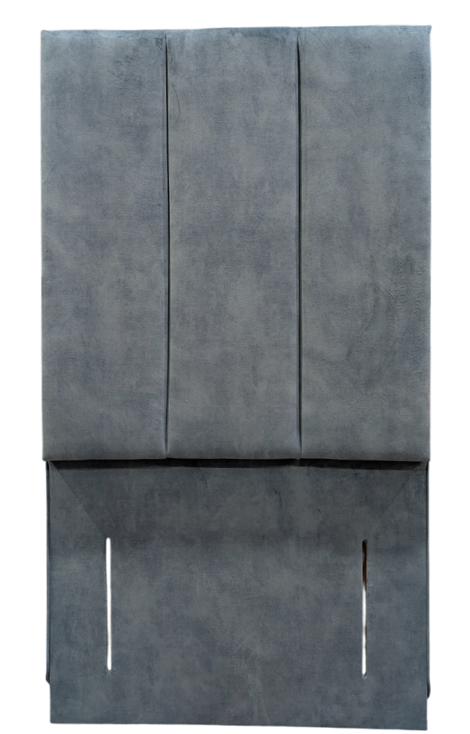 Tall headboard in grey suede with three vertical padded panels and a fitted base surround.
