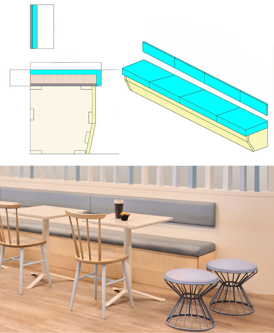 Plan, section and 3D view of a wall-fixed bench for an airport cafe, shown with the finished pale blue seating below.