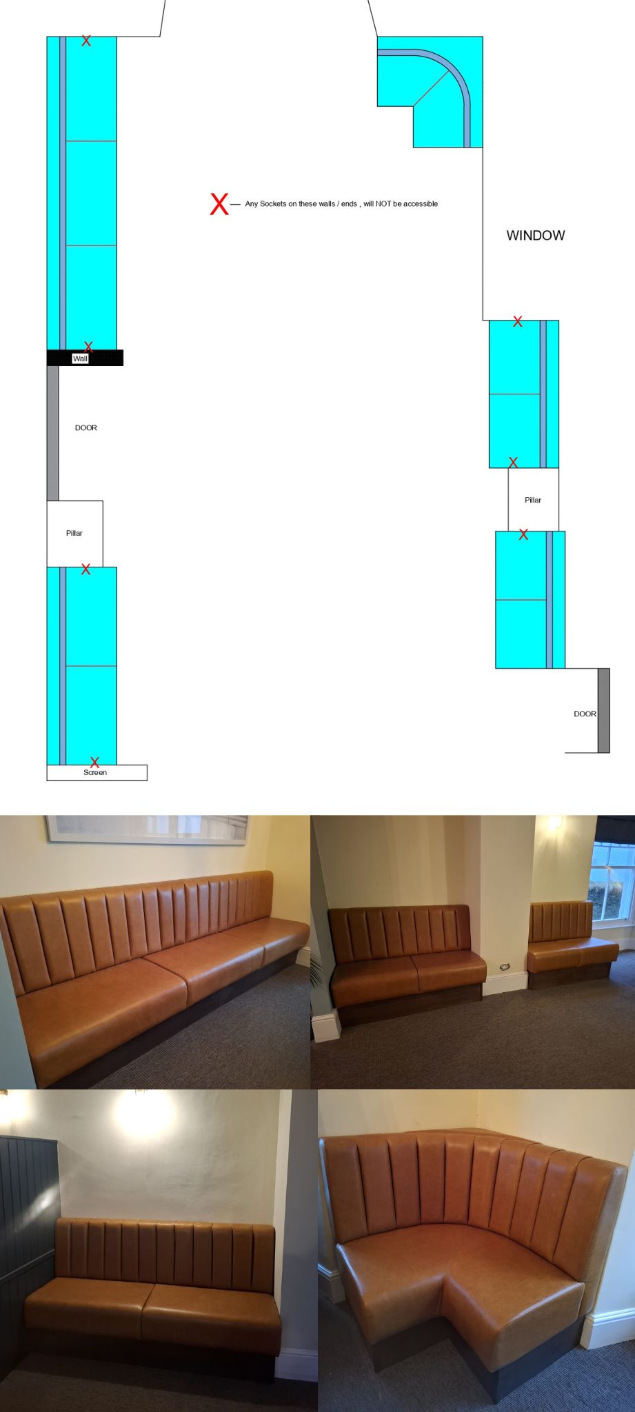 Setting-out plan marking walls, pillars and sockets for a tan fluted banquette scheme, with photos of each finished run.