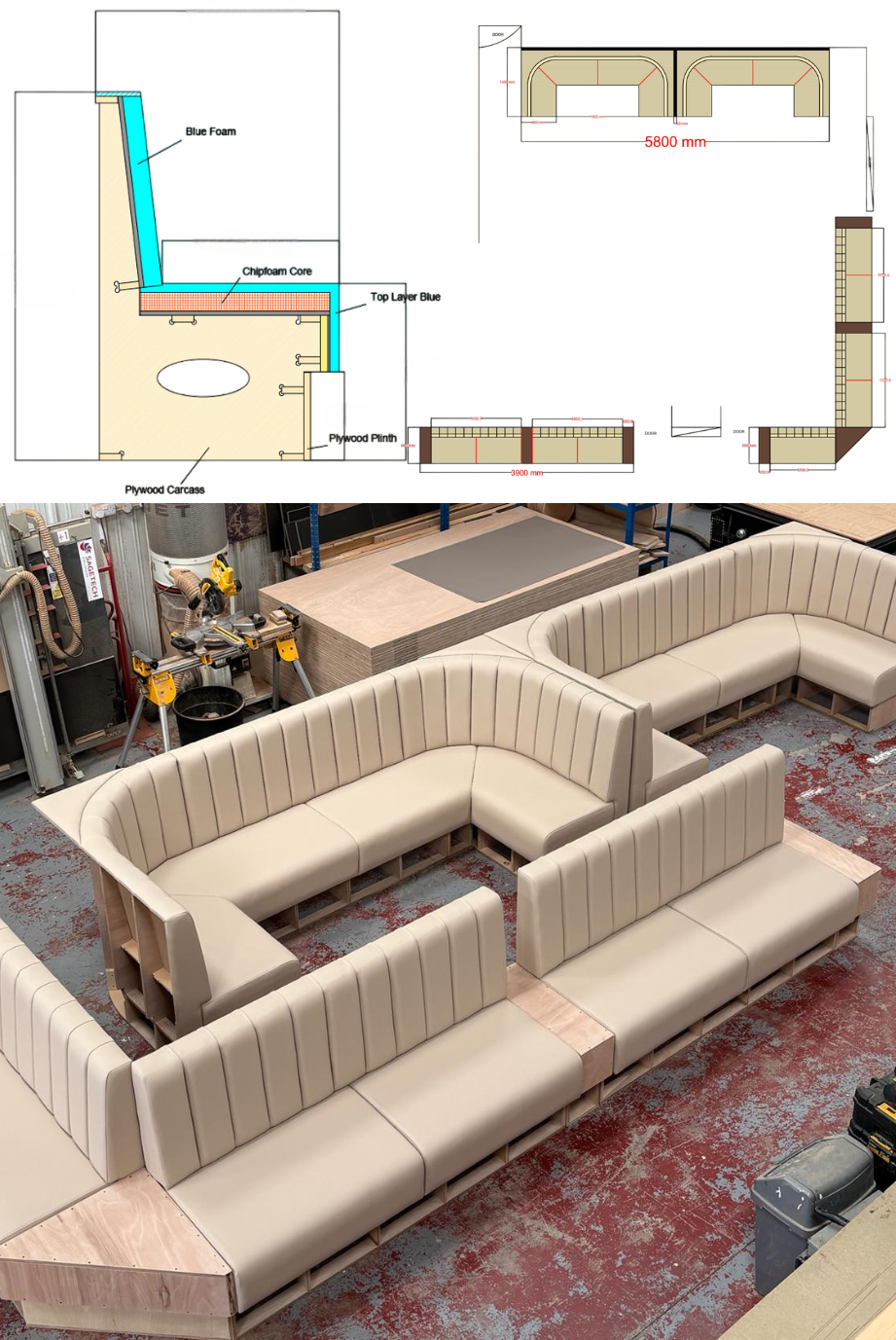 Section and elevation drawings with running dimensions, alongside the finished beige fluted booths in the workshop.