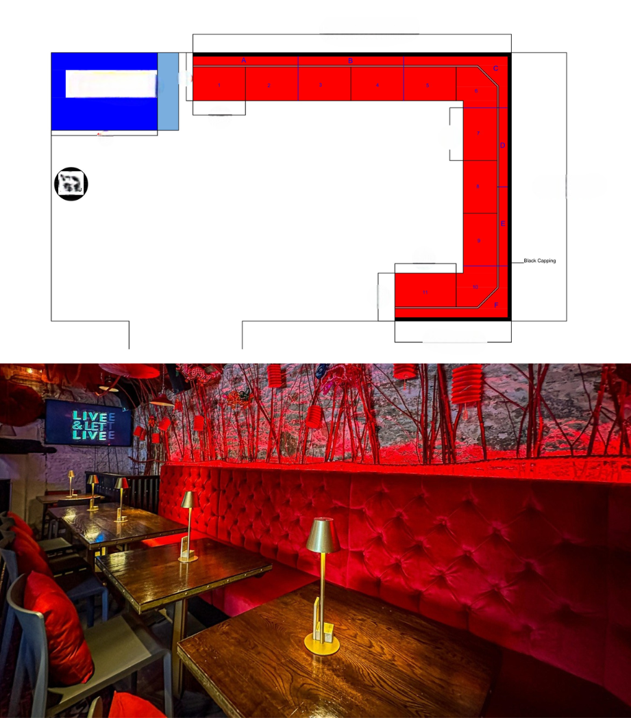 Numbered L-shaped plan with black capping noted, shown with the finished deep-buttoned red velvet banquette.