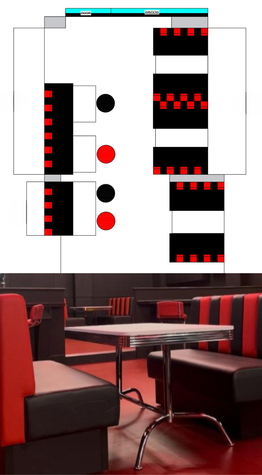 Overhead layout of back-to-back diner booths with doors and windows marked, shown with the finished red and black seating.