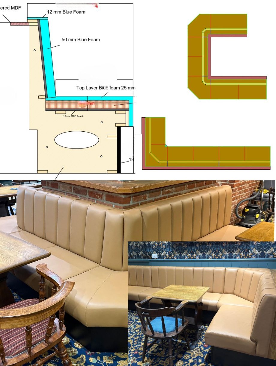 Foam build-up section with C and L shaped plans, shown with the finished tan fluted banquette in a bar.