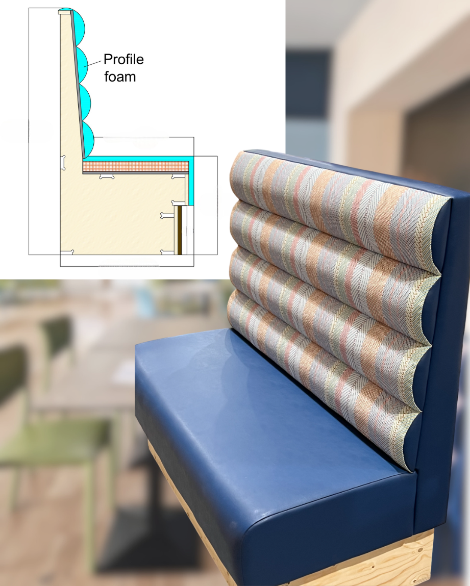 Section showing how profile foam forms a rolled wave back, next to the finished navy bench with a striped wave back.
