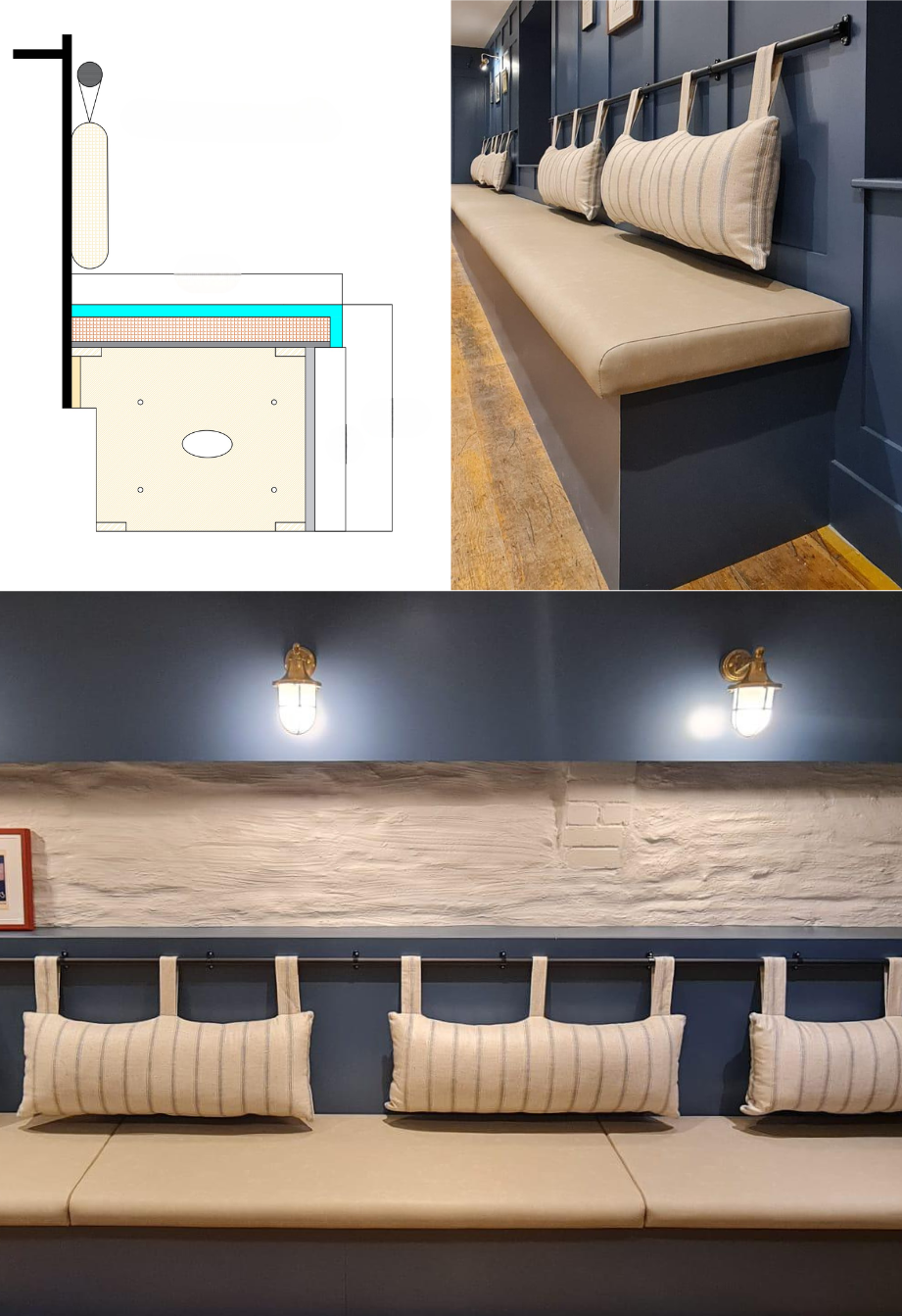 Section showing a bolster hung from a wall rail above a fixed bench, with photos of the finished cream seating.