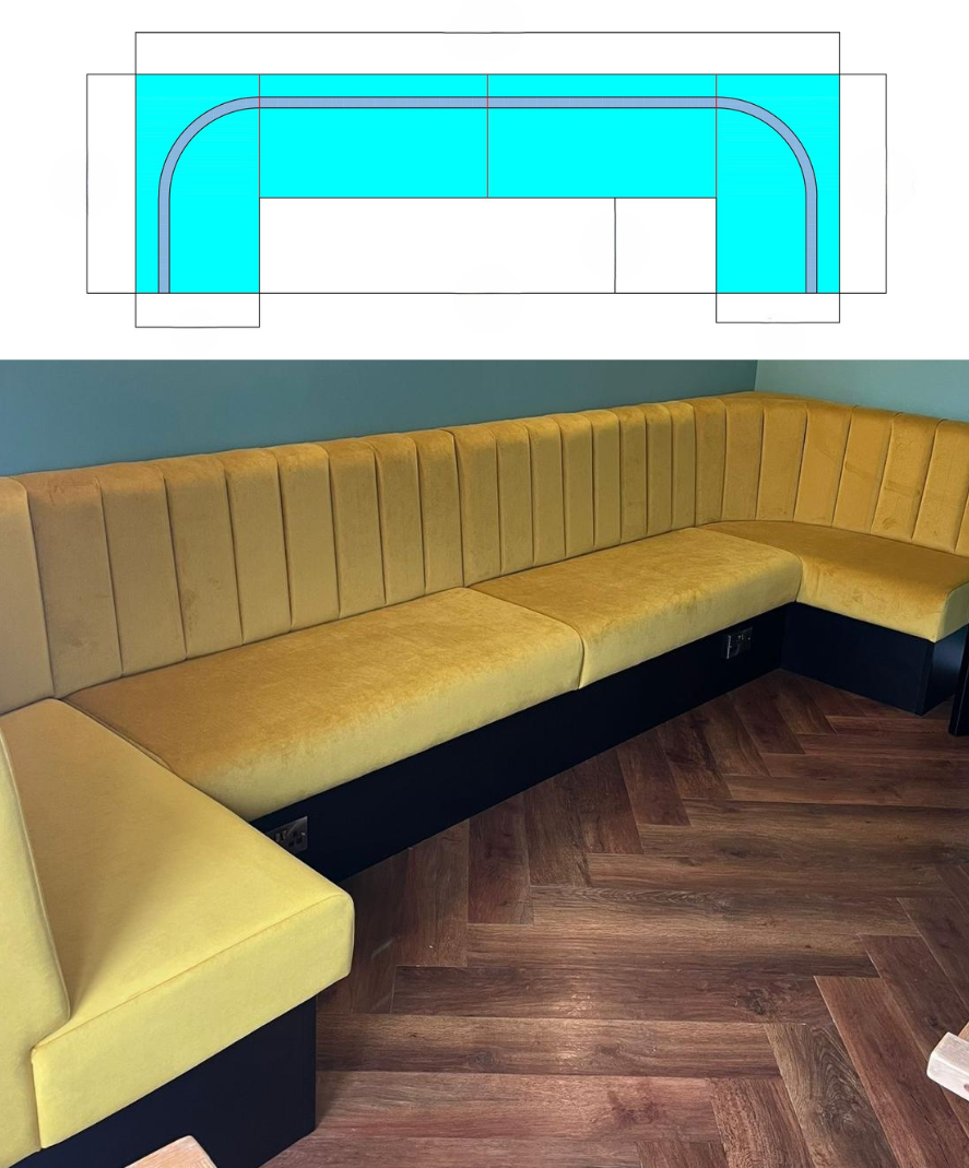Plan of a U-shaped banquette with radiused corners, shown with the finished ochre velvet fluted seating.